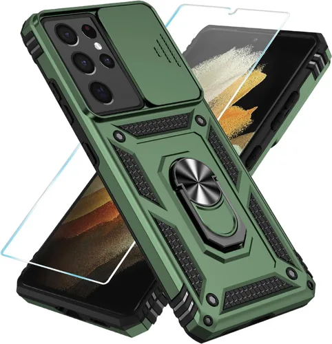 Vista 26 de SunStory Funda para Samsung Galaxy S21 con protector de pantalla HD, funda para cámara deslizante y soporte de anillo giratorio, grado militar