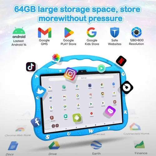 Vista 3 de Tableta para niños, tableta de 10.1 pulgadas para niños de 3 a 10, tableta educativa de aprendizaje para niños pequeños Android 14, 8 GB de RAM+64