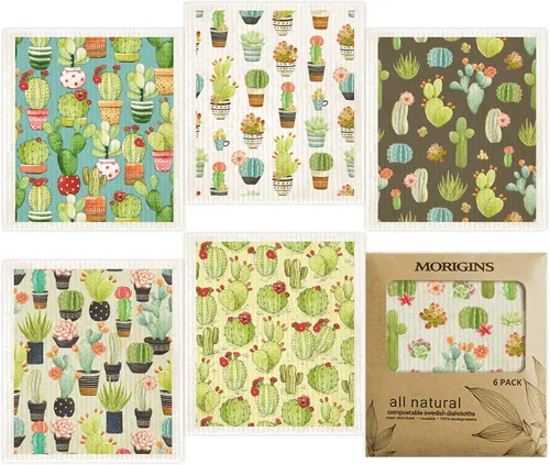 Morigins Juego de 6 paños de cocina suecos de cactus reutilizables compostables, paños de cocina de esponja de celulosa