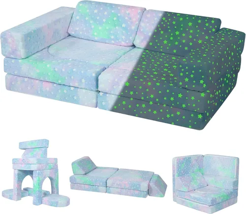 Vista 13 de Sofá modular para niños MeMoreCool – Sofá de dinosaurio de 8 piezas que brilla en la oscuridad para niños pequeños convertible en fuerte constructor