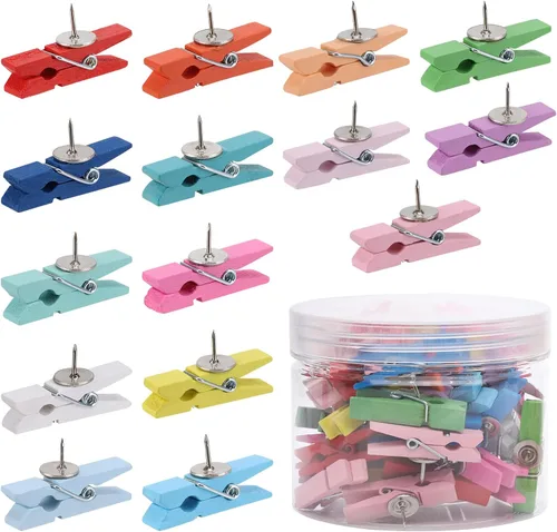 Vista 11 de 100 chinchetas con clips de madera para tableros de corcho, obras de arte para tablones de anuncios, manualidades, proyectos de arte, suministros