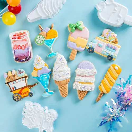 Vista 4 de Flycalf Cortadores de galletas de helado con sello 3D PLA para decoración de pasteles de cocina, carrito, formas de paletas para niños, 3.5