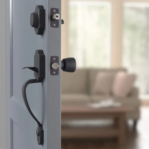 Vista 7 de Amazon Basics - Juego de manijas con perilla tulipán y cerradura monocilíndrica para puertas, en acabado color negro mate