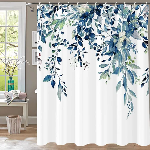 Vista 10 de Cortina de ducha de eucalipto azul para baño, juego de cortinas de ducha de hojas de acuarela, cortina de ducha impermeable para plantas, tela