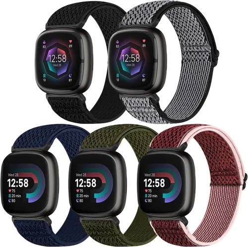 Vista 9 de Bcuckood Compatible con Fitbit Versa 4/Versa 3/Sense 2/Sense Band para mujeres y hombres, paquete de 5 correas de nailon elástico suave ajustable