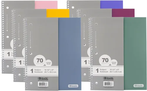 BAZIC Spiral Notebook, 1 Subject, College Ruled Paper 8" x 10-1/2", 70 Sheets Poly Cover, Journal Comp Notebooks for Office School, Assorted Color,