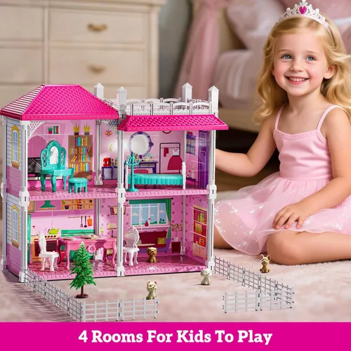 Vista 7 de JUKUDAHU Pink Villa Playset para niñas de 3 a 7 años, casa de 2 pisos y 4 habitaciones con 2 muñecas, muebles y accesorios, juego