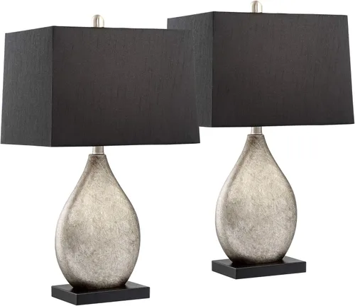 Regency Hill Marco Modern Art Deco Table Lamps 25" Tall Set of 2 Silver Luxe Black Tapered Rectangular Shade Decor for Bedroom Living Room House