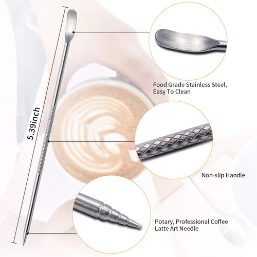 Vista 7 de Jarra para Espumar Leche, 12OZ/350ML Jarra de Vapor de Acero Inoxidable para Espresso Taza Espumadora de Leche para Café con Bolígrafo de Arte