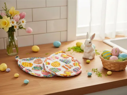 Vista 4 de Serafina Home Easter Kitchen Towel Set with Pot Holders, Spring Colored Eggs Design, 100% Cotton, White Orange Green, 5 Piece Set
