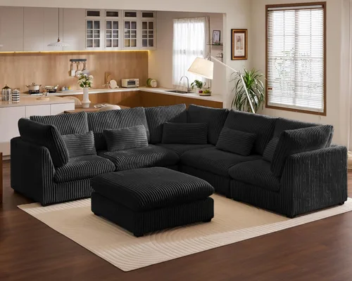 Vista 24 de Sofá modular de gran tamaño, sofá modular de pana extra profundo con diván otomano, sofás de felpilla esponjosa en forma de L para sala de estar