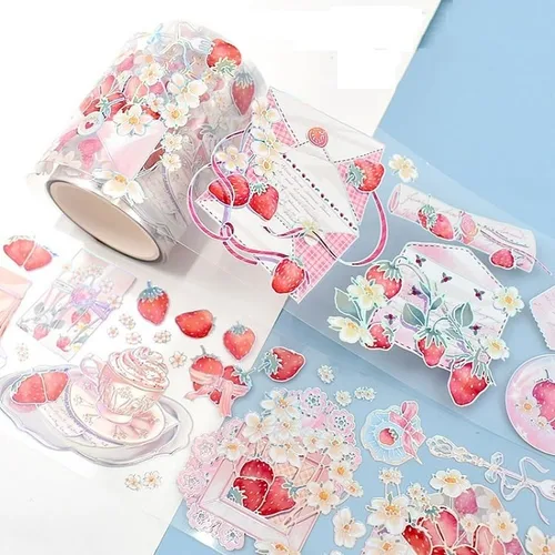 Vista 4 de Cinta washi de rosa para collage original de flores, creatividad, hecha a mano, para libro de diario, material PET con efecto láser (90395)