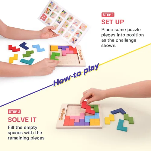 Vista 3 de Coogam Rompecabezas de madera con patrón de bloques de cerebro juego con 60 desafíos, juguete de construcción ruso 3D de madera en forma de tangram