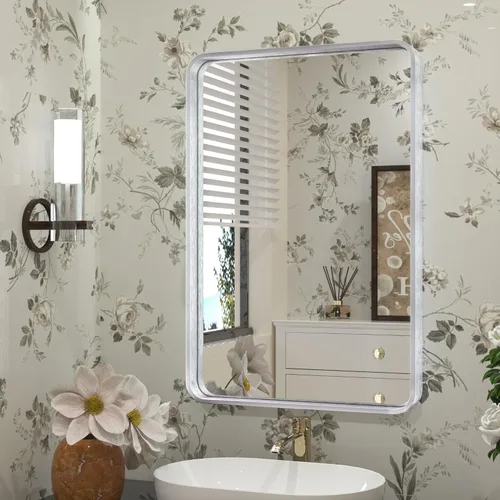 Vista 35 de TETOTE Espejo de marco dorado cepillado de 16 x 24 pulgadas, espejo de tocador de baño de latón dorado para pared, espejo enmarcado rectangular