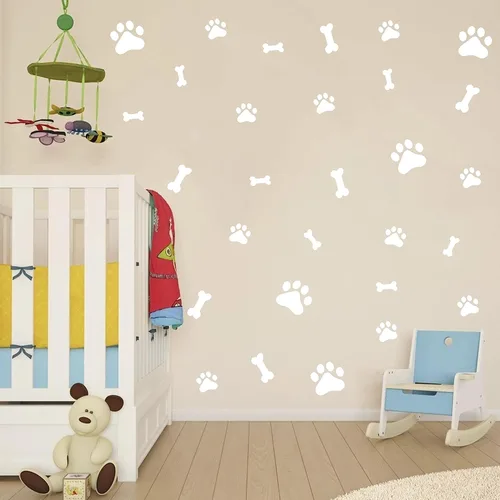 Vista 4 de 76 calcomanías de pared de pata de perro con hueso, decoración de habitación de perro, cachorro, calcomanías de pared de vinilo extraíbles, huellas