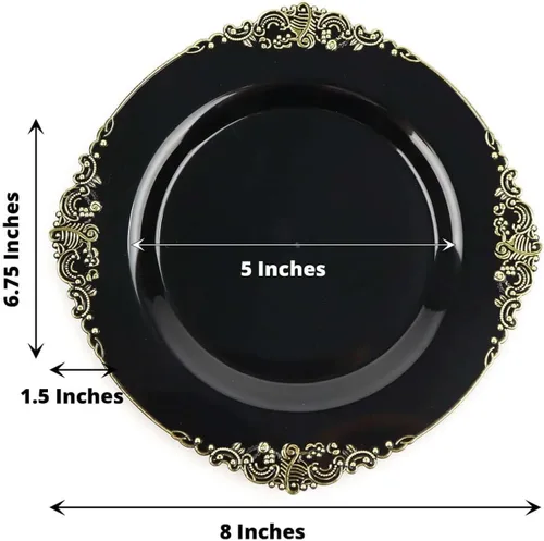 Vista 3 de Efavormart - Paquete de 10 platos redondos de plástico para ensalada de postre de 8 pulgadas, color negro/dorado, vajilla desechable con borde