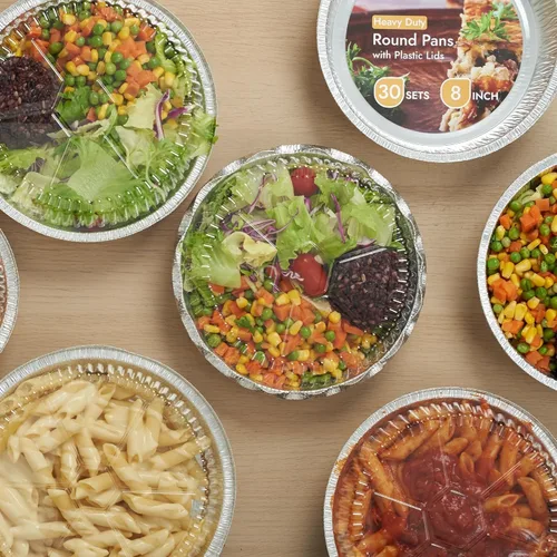 Vista 3 de CURTA Sartenes redondos de papel de aluminio de 8 pulgadas con tapas transparentes, resistentes, ideales para asar, hornear, almacenamiento, asar