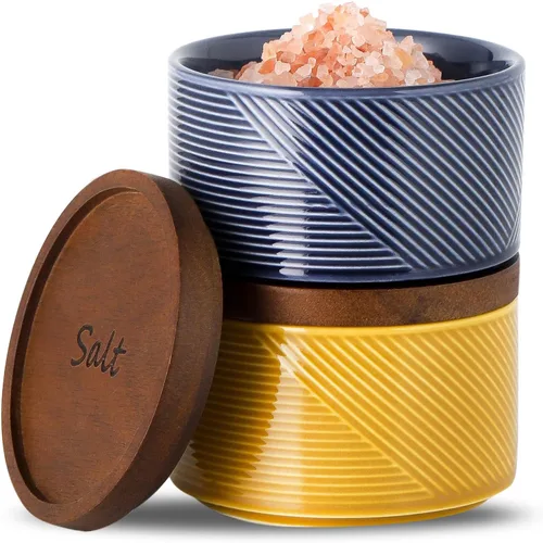 Vista 9 de Recipientes de sal y pimienta: recipiente de especias apilable de cerámica de 10 oz con tapa de madera - recipientes de almacenamiento