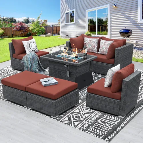 Vista 21 de BULEXYARD Juego de muebles de exterior de respaldo alto de 7 piezas con hoguera, juego de sofá de patio de mimbre duradero para todo tipo de clima
