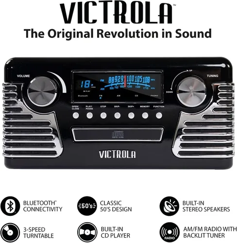 Vista 4 de Victrola Haley - Retro Bluetooth Record Player with CD Player - Black Negro