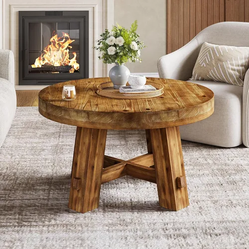 Vista 6 de Mesa auxiliar redonda de 31.5 pulgadas, mesa central de madera maciza con mesa gruesa (marrón claro)