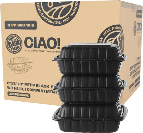 Vista 22 de CIAO! Contenedor negro con bisagras MFPP de 6"x6"x3" con tapa, 1 compartimento (caja de 300)