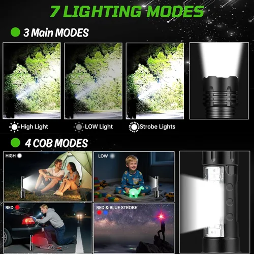 Vista 2 de Linternas Recargables de Alto Lumen, Linterna Recargable de 7 Modos, Linterna LED Súper Brillante con Luz Táctica Ajustable, Linterna de Mano