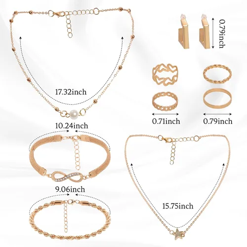 Vista 2 de Heliltd Juego de 46 joyas para mujer, pulseras ajustables, apilables, anillos para nudillos, collar en capas, aretes de aro de una sola capa