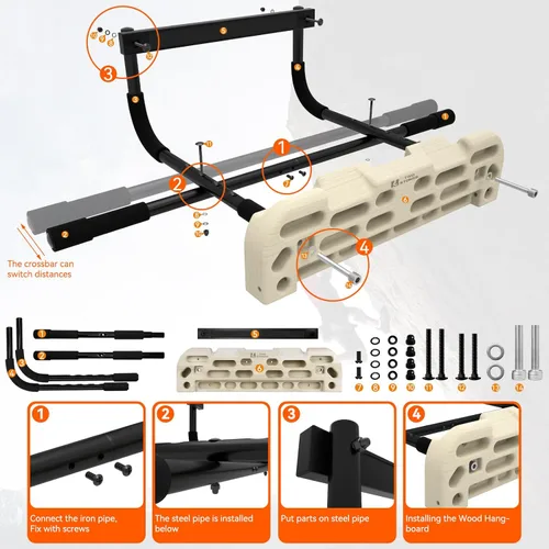 Vista 6 de Tablero colgante de escalada en roca con barra de dominadas de puerta que incluye jarras, pellizcos, bolsillos, bordes y pendientes