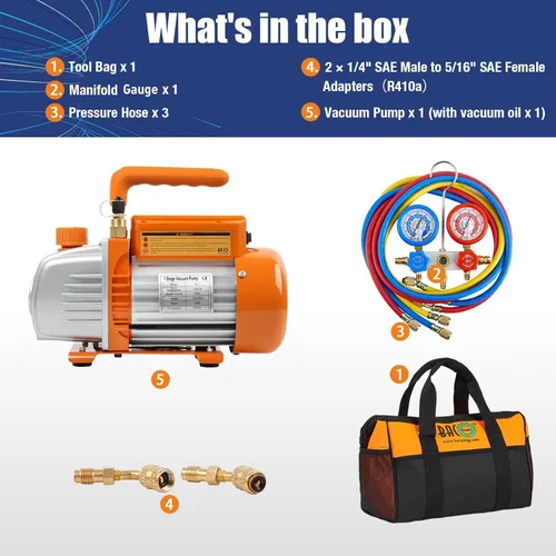 Vista 2 de BACOENG Juego de bomba de vacío de CA de 3.6CFM y medidor – Kit de bomba de vacío mini split doméstico para refrigerantes R410A – con adaptador mini