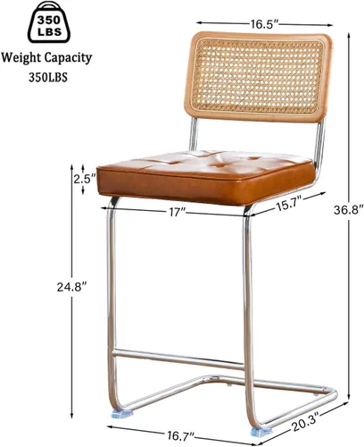 Vista 47 de Juego de 3 taburetes de ratán natural con respaldo de madera maciza, taburetes de bar Cesca modernos de mediados de siglo de 24 pulgadas, taburete