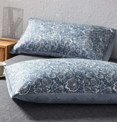 Vista 4 de SLEEPBELLA - Funda de edredón de algodón, 600hilos, tamaño queen, reversible, estampado floral de cachemira azul y verde