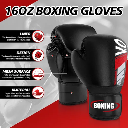 Vista 3 de Espinilleras de kickboxing Muay Thai con guantes de boxeo de 16 onzas, protectores de piernas ajustables con protección en el empeine Espinilleras