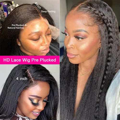 Vista 5 de Peluca de cabello humano lacio tipo afro, densidad del 180%, pelucas de cabello humano lacio Yaki de 13 x 4 para mujeres negras, pelucas de cabello