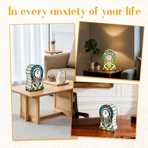 Vista 7 de Lámpara de mesa estilo Tiffany con forma de campana con patrón de rosas, lámpara de reloj creativa, luz de vitral, decoración, dormitorio, mesita