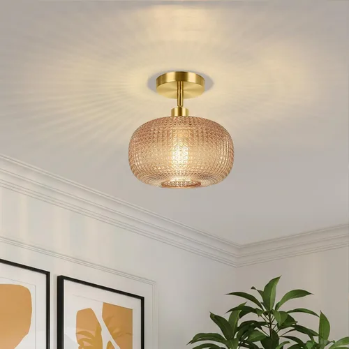 Vista 3 de ROTTOGOON Lámpara de techo semiempotrada, luces de techo inclinadas doradas ajustables con pantalla de vidrio ámbar, modernas lámparas de pasillo