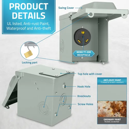 Vista 6 de PAULINN Nema TT-30R - Caja de toma de corriente para caravana de 30 amperios, panel para exteriores cerrado y bloqueable para receptáculo al aire
