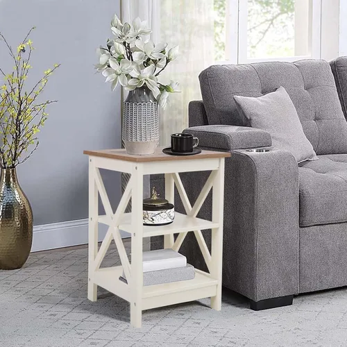 Vista 7 de PHI VILLA Juego de 2 Mesas Auxiliares para Sala de Estar, Mesas de Noche de Estilo Granja para Dormitorio, Mesa Auxiliar Pequeña Blanca Marfil