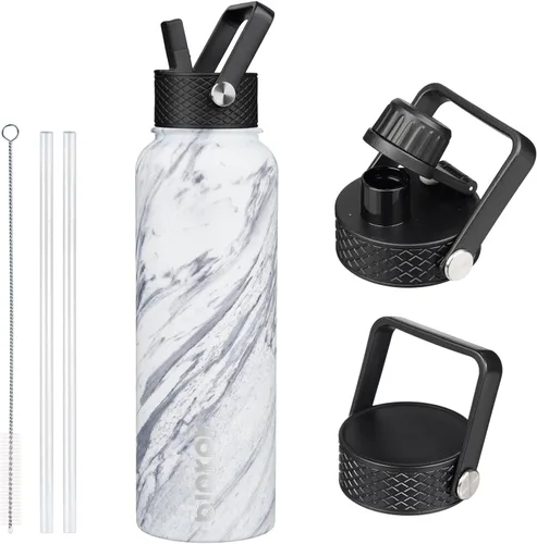 Vista 34 de BJPKPK - Botellas de agua aisladas con tapa con popote, botella grande de metal de 32 onzas con 3 tapas, termo reutilizable sin fugas y sin BPA
