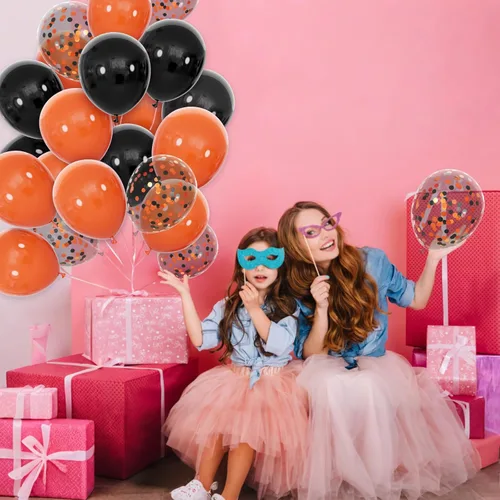 Vista 7 de Juego de 68 globos negros y naranjas, juego de globos de látex naranja y negro de 12 pulgadas con cintas de confeti reutilizables, resistentes a