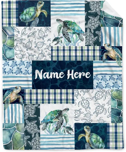 Manta de franela de vellón personalizada con nombre de tortugas marinas, ligera, suave, bonita y acogedora para cama, sofá, viajes al aire libre, 40