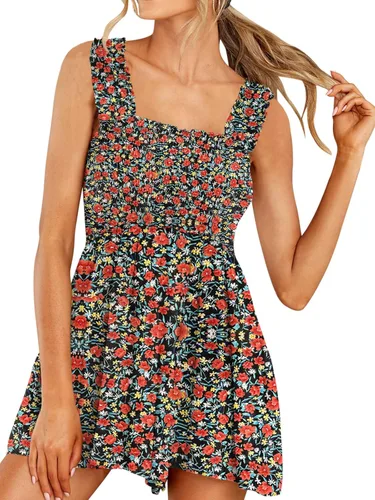 Vista 2 de DEEP SELF Mameluco de verano sin mangas para mujer, cuello cuadrado, tirantes con volantes, con bolsillos