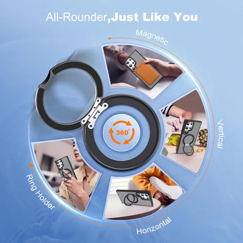 Vista 3 de Funda compatible con Samsung Galaxy S22 y S23 Ultra con soporte de anillo magnético giratorio 360 compatible con protección militar Mag-Safe, funda