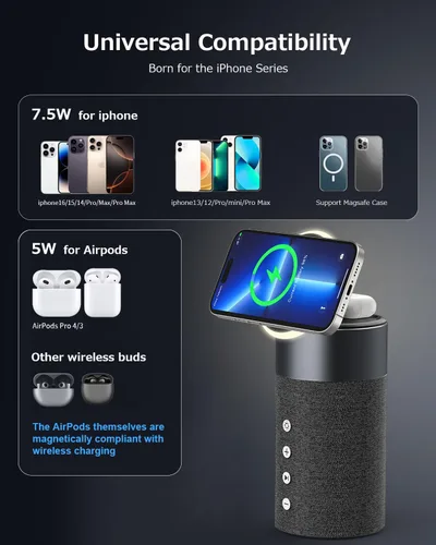Vista 5 de COLSUR Altavoz Bluetooth, cargador inalámbrico magnético, altavoces Bluetooth con luz nocturna, estación de carga inalámbrica 2 en 1 para iPhone