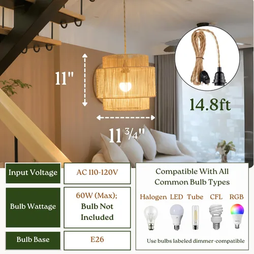 Vista 4 de Chi An Home Lámpara colgante de yute bohemio de 11.8 pulgadas con enchufe, lámpara colgante natural tejida a mano con enchufe e interruptor de luz