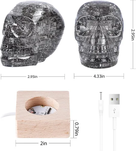 Vista 6 de Rompecabezas de cristal de calavera 3D, rompecabezas de cráneo con base de madera iluminada para decoraciones de Halloween al aire libre, bloques