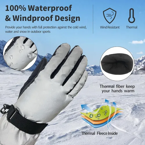 Vista 4 de ONNAS Ski Gloves Waterproof Winter Warm Snowboard Gloves for Men Women Thermal Windproof Snow Gloves - Grey Reflective