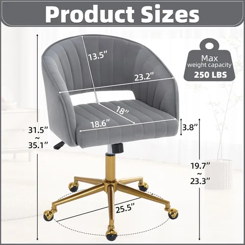 Vista 29 de ABET Silla de escritorio con ruedas, silla de terciopelo para oficina en casa, sillón giratorio con base dorada, sillas decorativas modernas