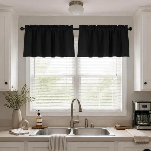 Vista 44 de Mrs.Naturall Cenefas de playa para ventana de cocina, paquete de 2 cenefas opacas con bolsillo para barra, para sala de estar, baño, 36 x 16 Azul