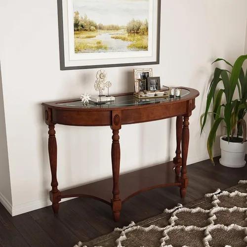 Vista 3 de PADMA HOUSE Mesa de sofá semicírculo tradicional de madera maciza con tapa de vidrio templado para sala de estar, nogal cereza